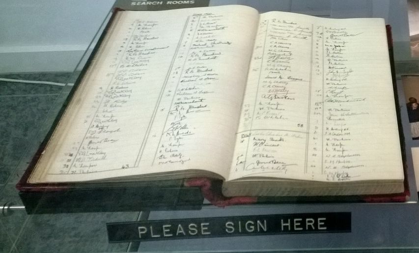 The first searchroom register, on exhibition during the Borthwick's 60th anniversary, 2013